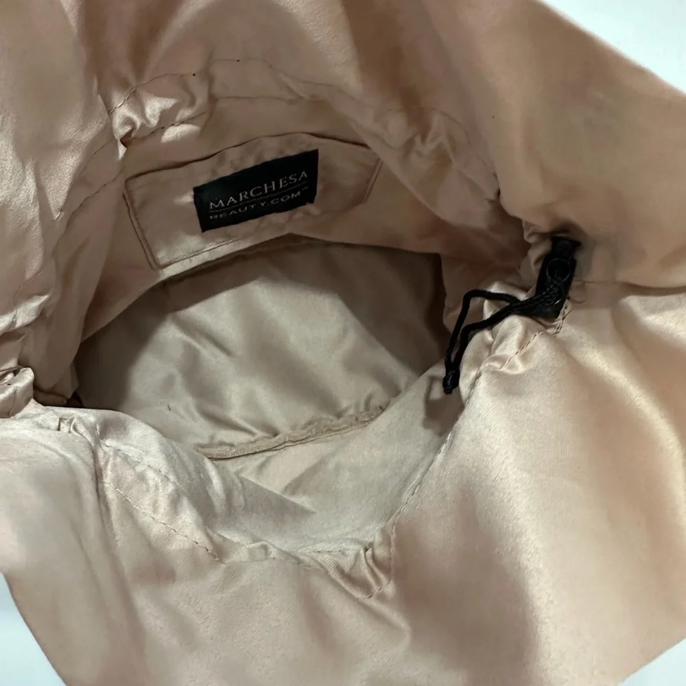 Marchesa x Beauty.com Blush Nude Satin & Black Lace Cosmetics Pouch Bag w Bow